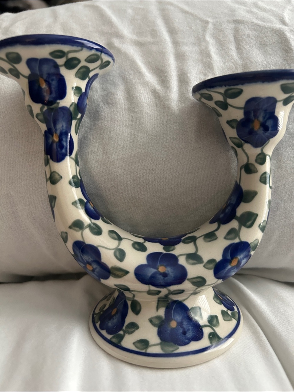 Unikat Polish Pottery Blue and Green Hand-Painted U-Shaped Ceramic Vase
